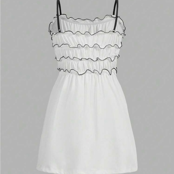 Cute Bow Front Lettuce Trim Ruched Bust Frill Trim Cami Dress - Picture 4 of 6